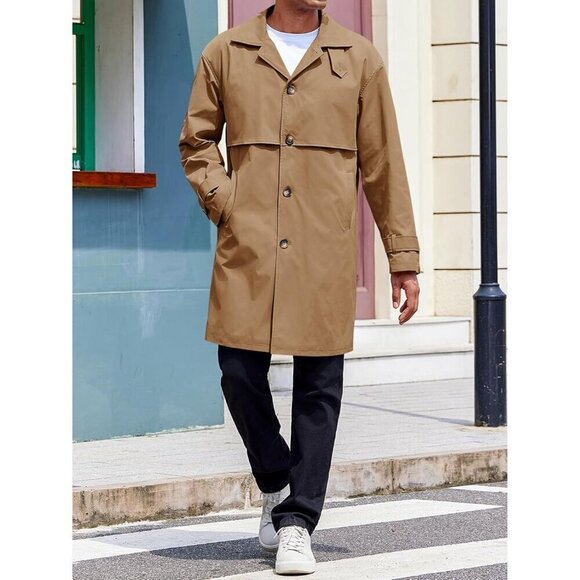 Mens Brown Trench Coat Mid Long Jackets Casual Fall Windbreaker Overcoat - Picture 6 of 6